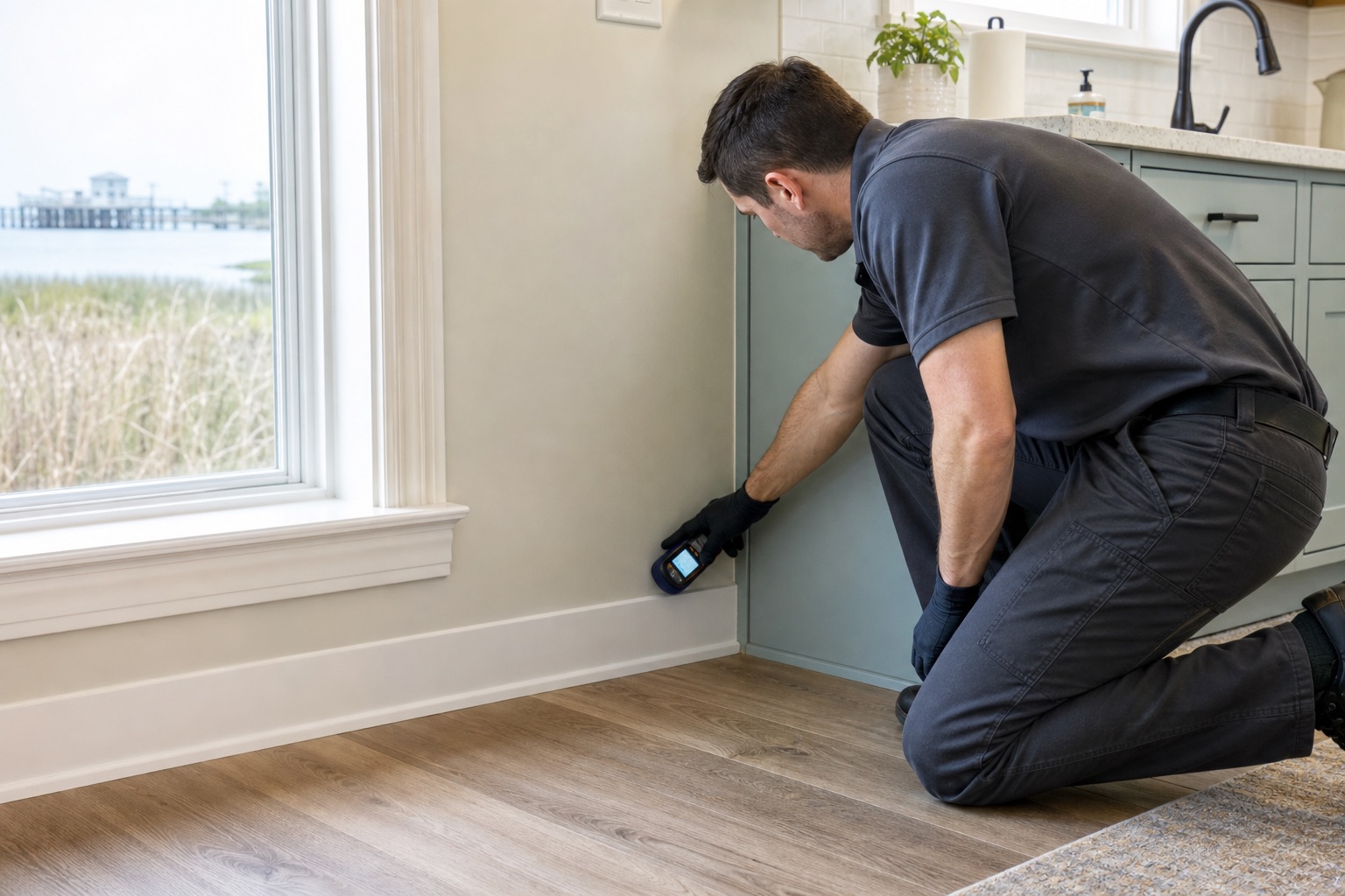 Mold remediation technician inspecting visible growth inside a protected work area